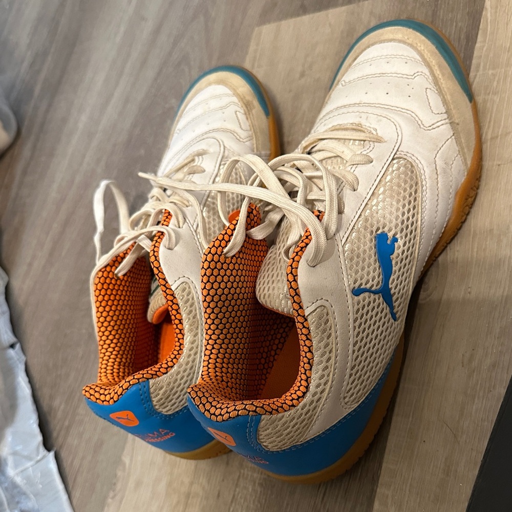 Puma Cream and Blue Sneakers with Orange Accents